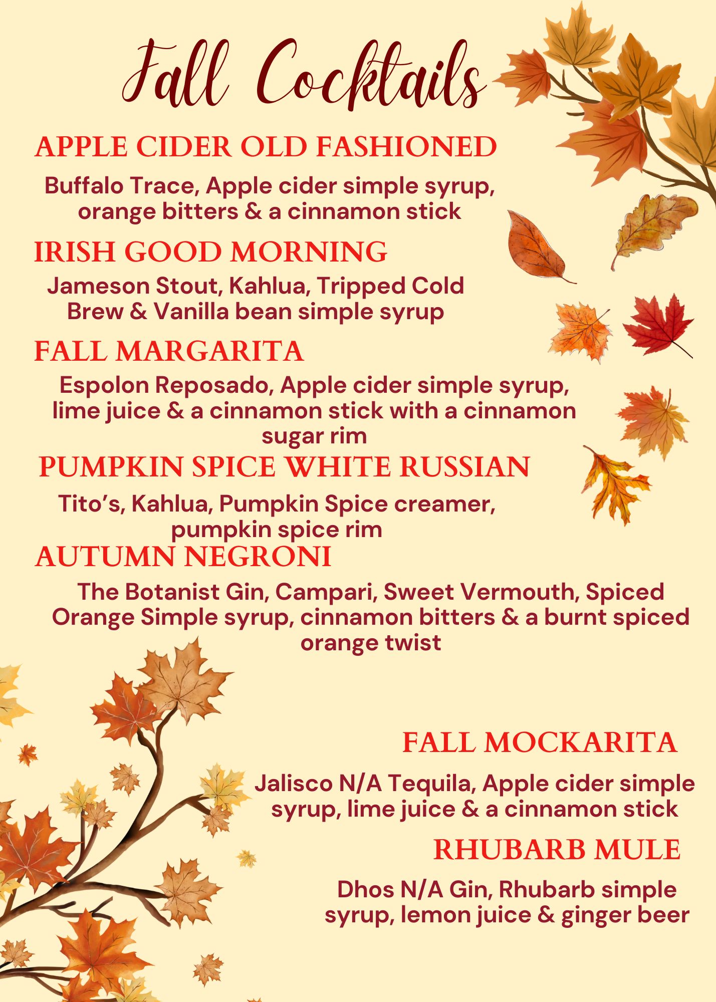 Fall cocktails 2024 no prices